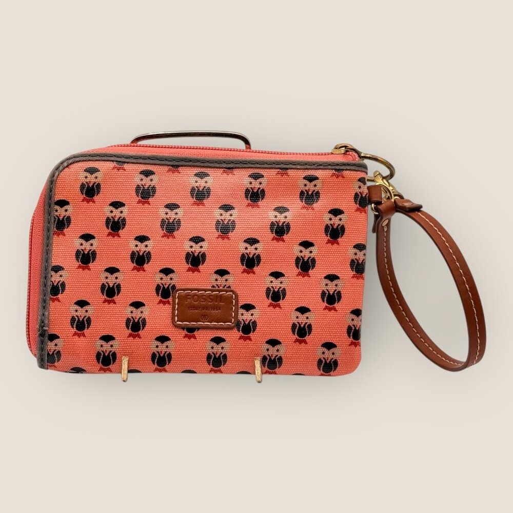 Fossil Coral Pink Owl Print Zip Around Wristlet Wallet Strap Multiple Card Slots